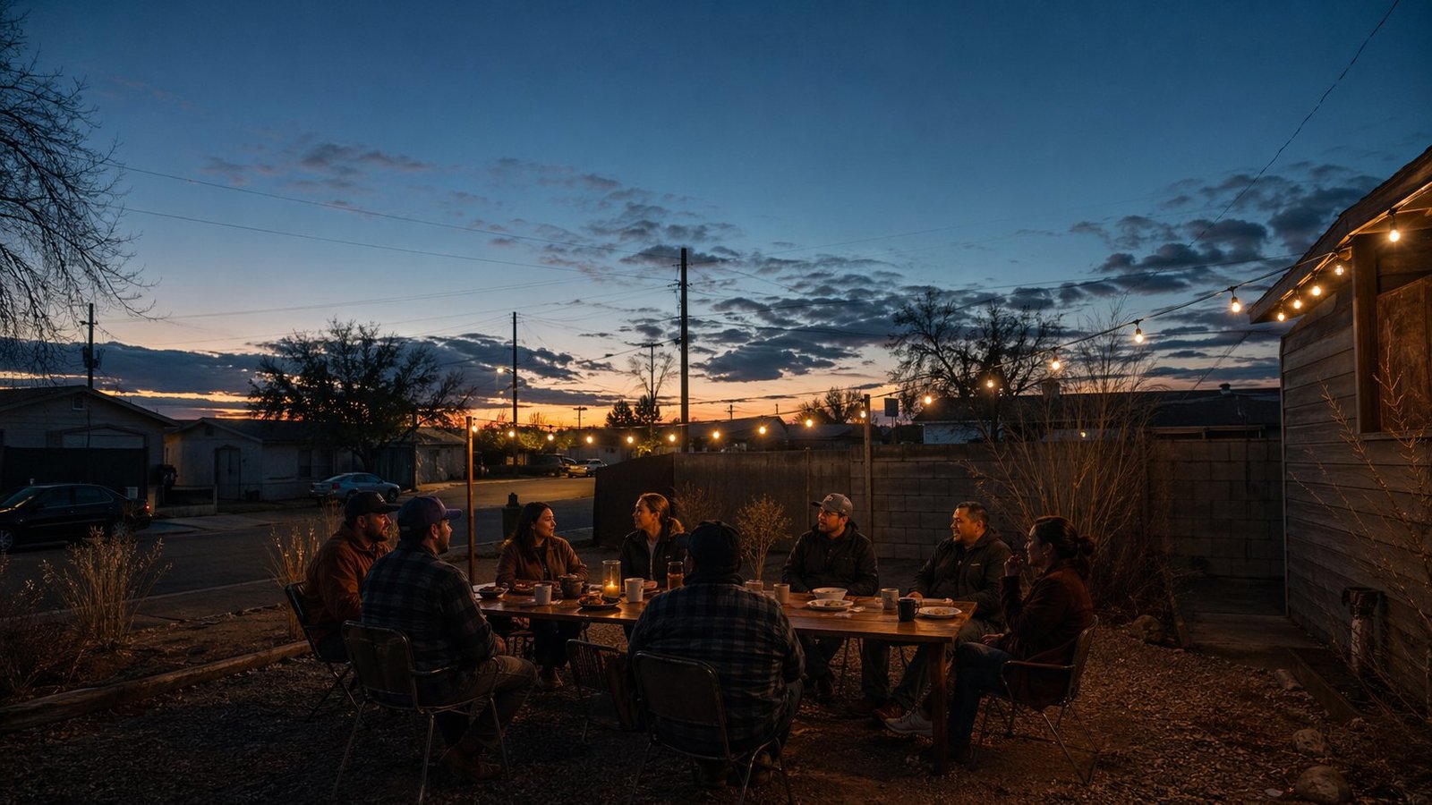 A modest southwest backyard gathering at dusk with warm lights and conversation.