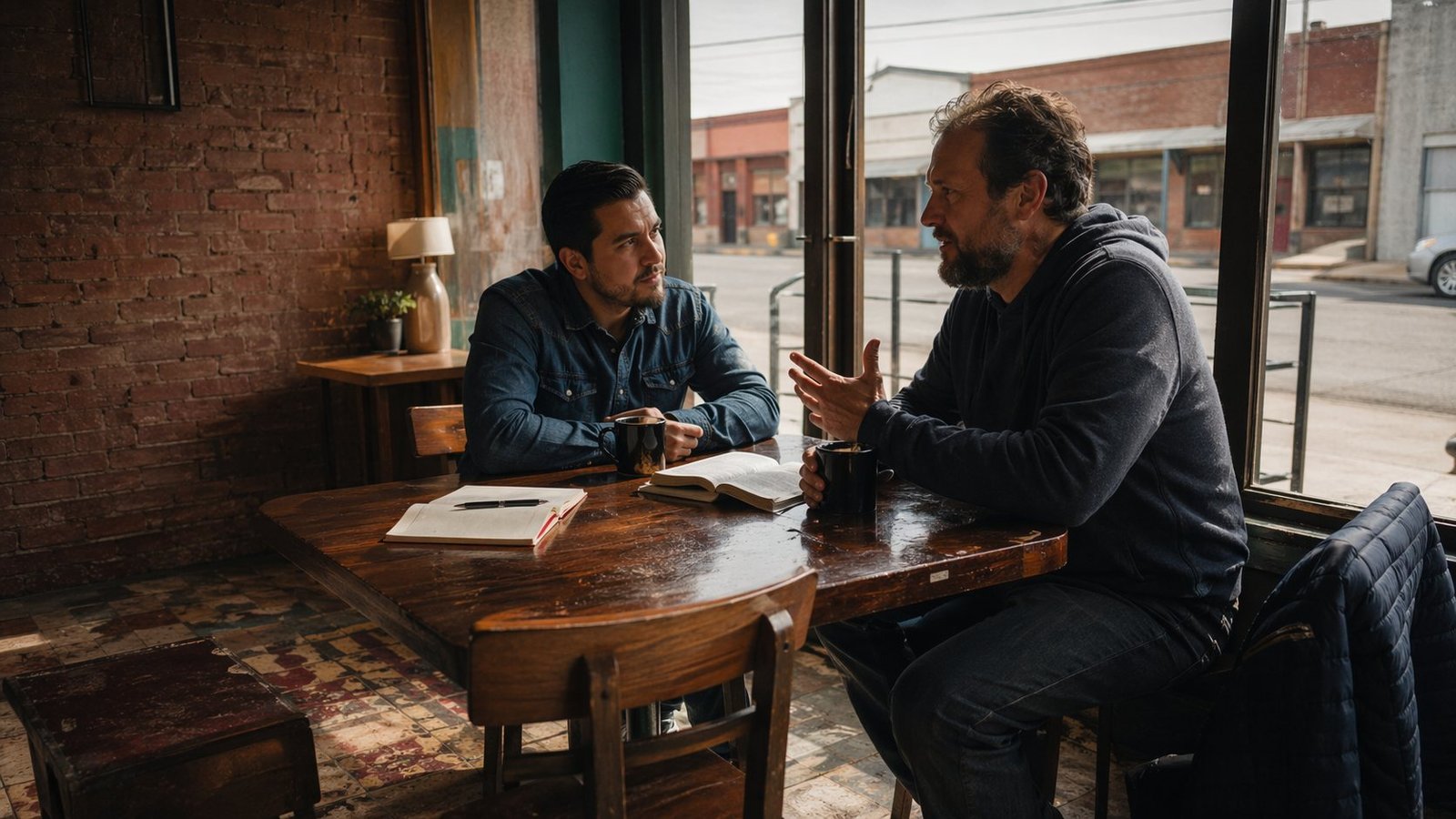 Two people talking over coffee in a southwest town setting.